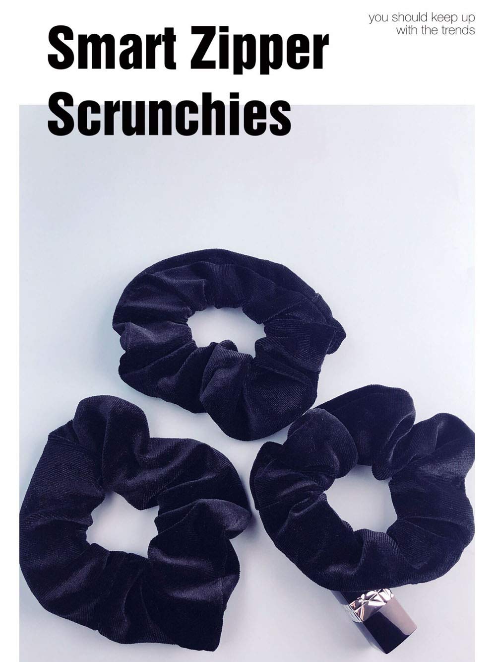 Zipper Scrunchies, Pocket Scrunchie, SECRET & HIDDEN, Velvet Hair Ties Bracelet, Compatible with Apple AirPods 3&2&1, Key Money Chapstick Storage Bag, Elastics Hair Band (Black 3PCS)
