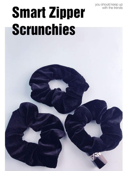 Zipper Scrunchies, Pocket Scrunchie, SECRET & HIDDEN, Velvet Hair Ties Bracelet, Compatible with Apple AirPods 3&2&1, Key Money Chapstick Storage Bag, Elastics Hair Band (Black 3PCS)