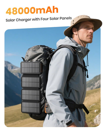 SOARAISE-Solar-Charger-Power-Bank - 48000mAh Wireless Portable Charger Built-in 4 Cables and 4 Solar Panels, PD QC 3.0 Fast Charging USB C Battery Pack with Flashlight for Camping Travel