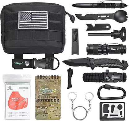 Tianers 16pcs Emergency Survival Kit, Compact Survival Tactical Gear, Cool EDC Survival Tool for Cars, Camping, Hiking, Hunting, Fishing, Adventure Accessorie for Men Husband Dad Friend