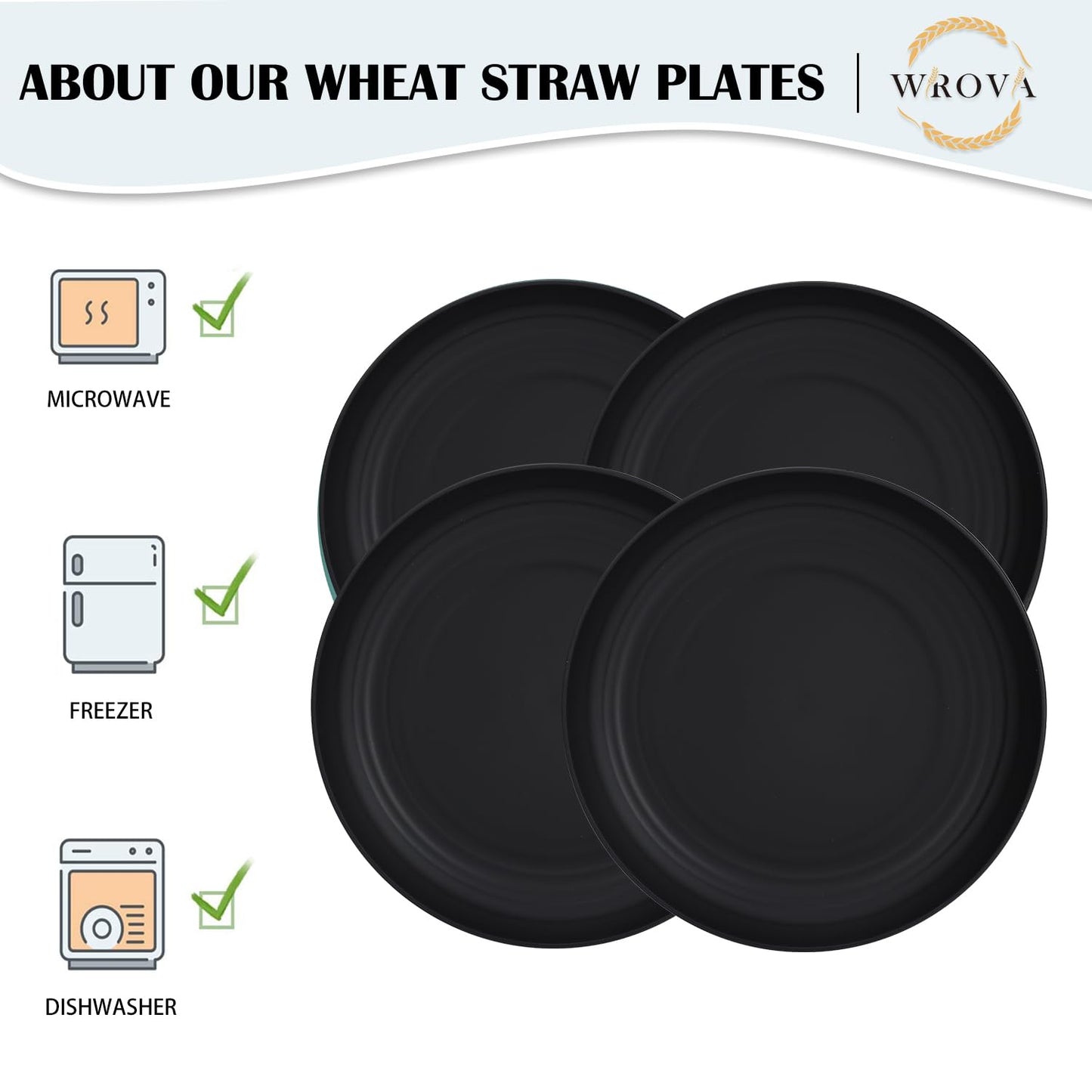 Wrova Large Wheat Straw Dinner Plates - 11 Inch Unbreakable Set of 8 - Dishwasher & Microwave Safe, Deep Edge for Kitchen and Camping (Black)