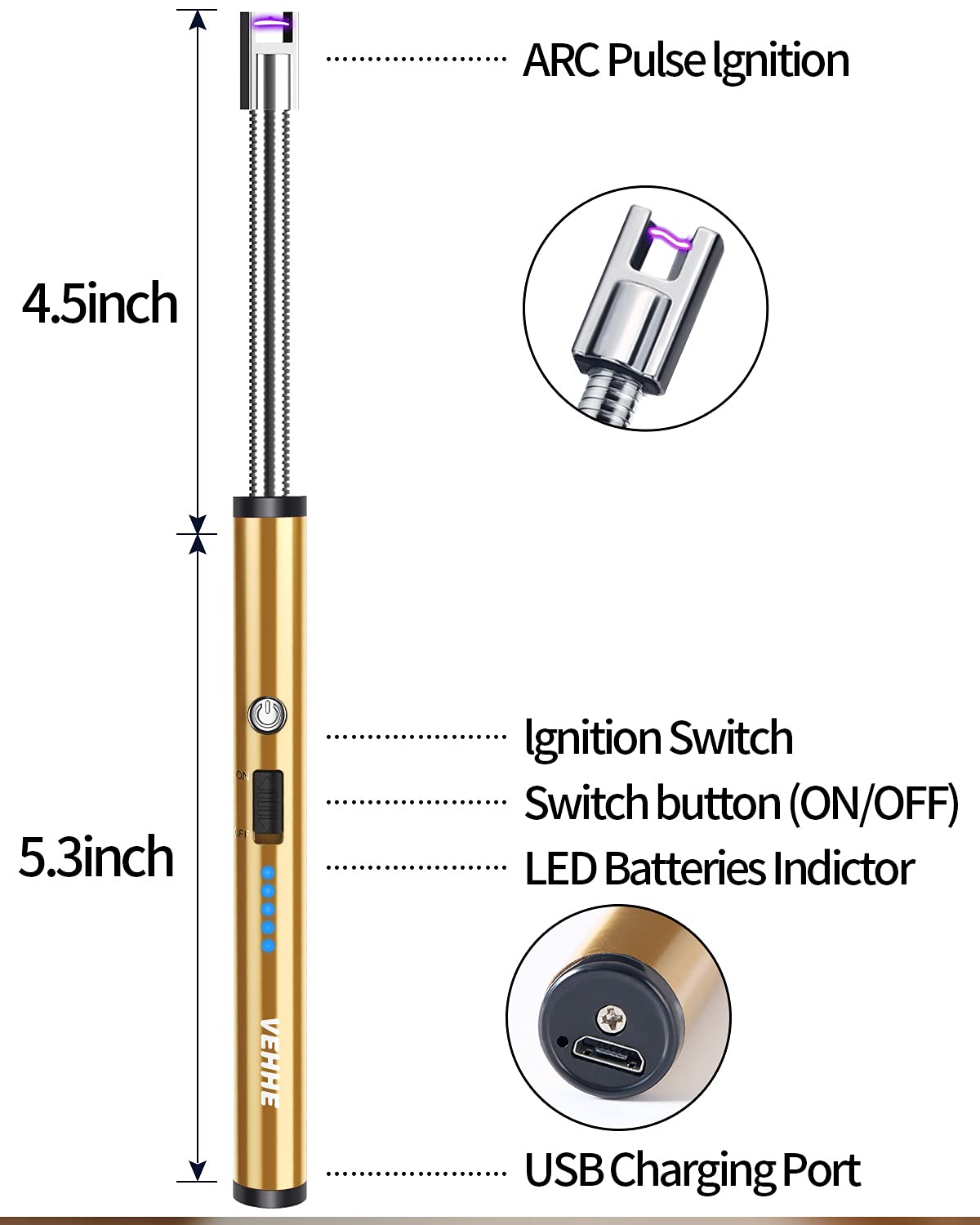 VEHHE Long Lighter, Rechargeable USB Arc Lighter with LED Battery Display Flexible Neck Lighters for Candles Grill Gas Stoves Camping Barbecue
