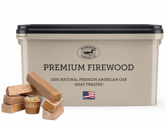 Superior Trading Oak Mini Fire Wood w/Fire Starter Pods, Winter Fireplace Starter, Wood Stove, USDA Cert 4-5” Kiln Dried Firewood, USA Made, 10-11 lbs in Plastic Storage Box