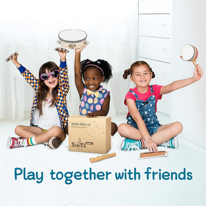 Stoie's Wooden Kids Musical Instruments for 3-9 Years Old, with Drum, Hand Bells, Flute, Maracas, Castanet, Tamburine, for Babies and Toddlers, Durable, Safe, Montessori Educational Toy, Storage Bag