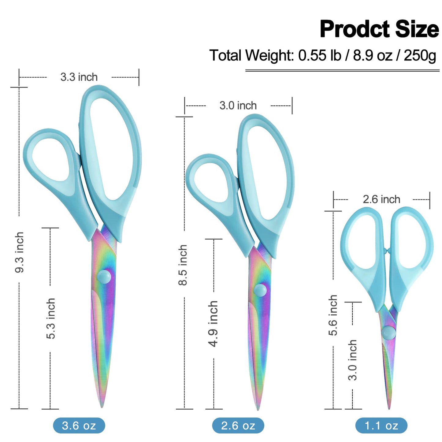 Craft Scissors, All Purpose Sharp Titanium Blade Shears, Comfortable Grips, School Scissors Set of 3 pack, Ideal for Office, Home, Sewing, Fabric, Kitchen, Arts and DIY Supplies, 9.3"/8.5"/5.6", Blue