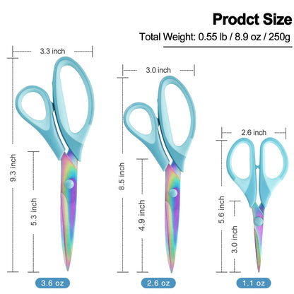 Craft Scissors, All Purpose Sharp Titanium Blade Shears, Comfortable Grips, School Scissors Set of 3 pack, Ideal for Office, Home, Sewing, Fabric, Kitchen, Arts and DIY Supplies, 9.3"/8.5"/5.6", Blue
