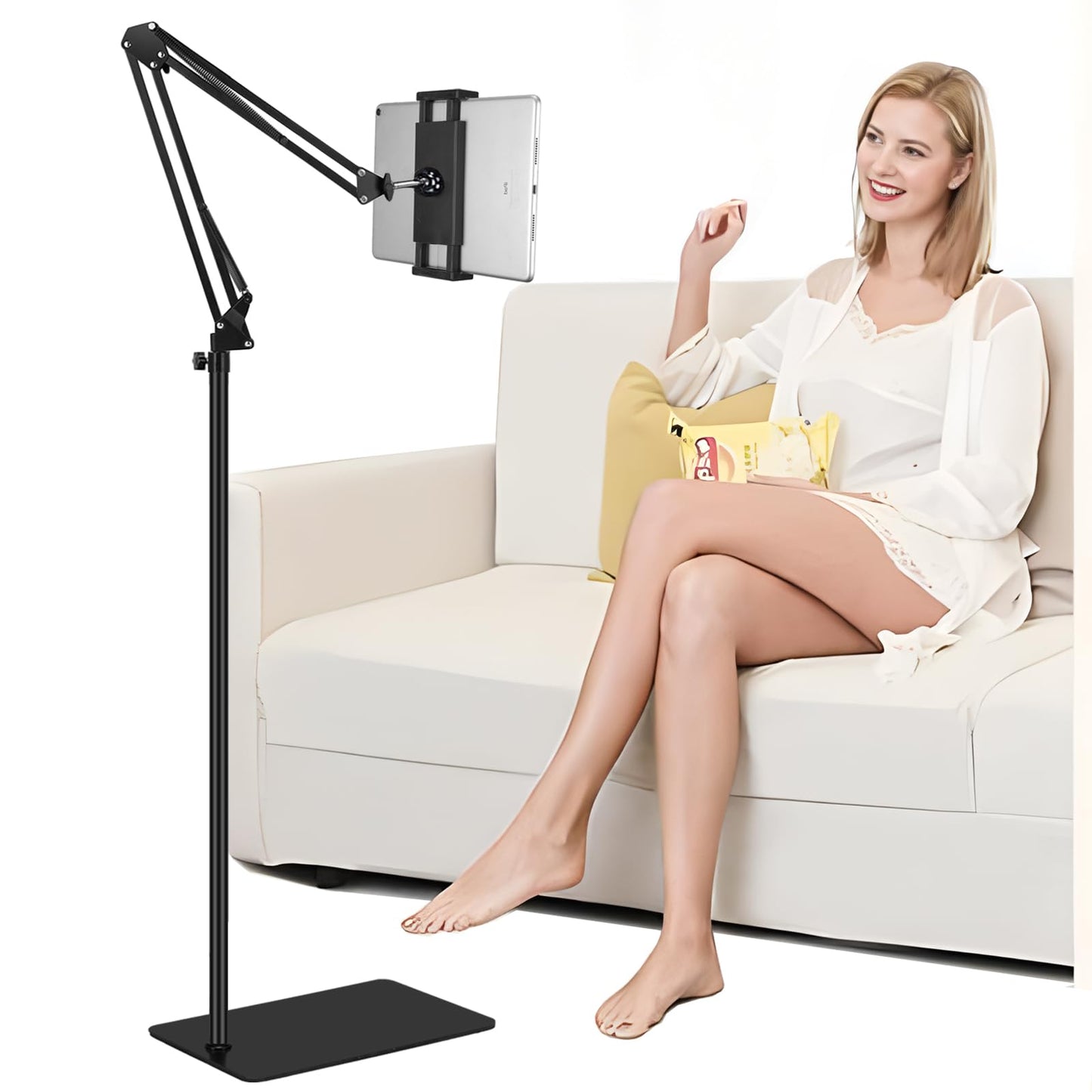 Tablet Floor Stand with Heavy Duty Base, Overhead Bed phone Stand Angle Height Adjustable Arm Stretchable Stand Holder, Compatible with iPad Mini Air Pro, Galaxy Tab, Kindle, E-Readers,Cell Phones