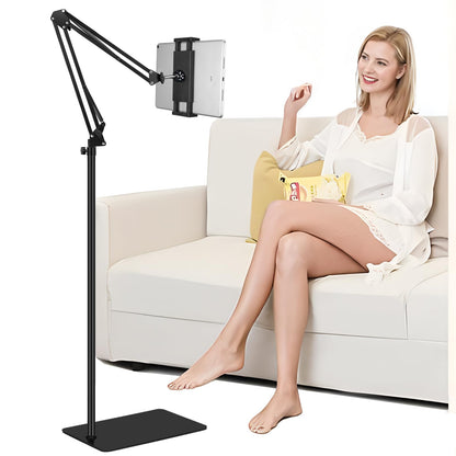 Tablet Floor Stand with Heavy Duty Base, Overhead Bed phone Stand Angle Height Adjustable Arm Stretchable Stand Holder, Compatible with iPad Mini Air Pro, Galaxy Tab, Kindle, E-Readers,Cell Phones