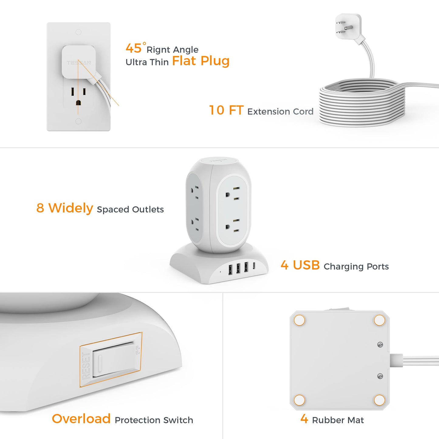 Surge Protector Power Strip Tower, TESSAN Flat Plug Extension Cord 10 Ft with 8 AC Multiple Outlets 4 USB Ports (1 USB C), 1050J Protection Desk Charging Station for Home, Office Supplies, Dorm Room