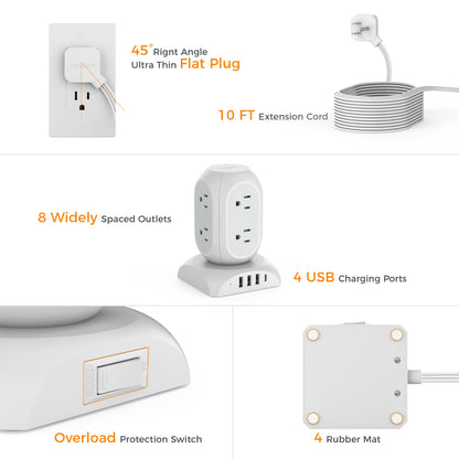 Surge Protector Power Strip Tower, TESSAN Flat Plug Extension Cord 10 Ft with 8 AC Multiple Outlets 4 USB Ports (1 USB C), 1050J Protection Desk Charging Station for Home, Office Supplies, Dorm Room