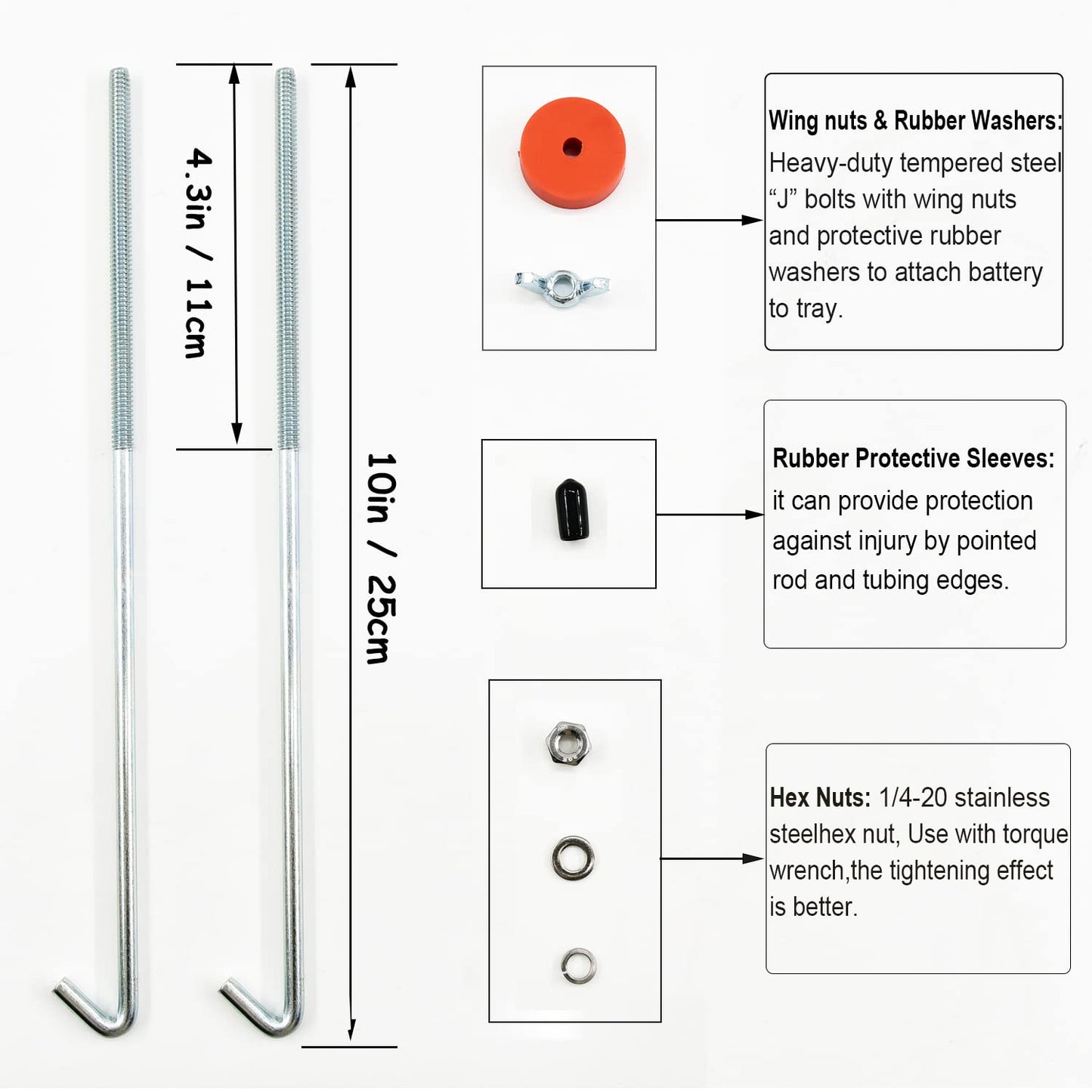 Battery Hold Down Bracket, Aluminum Alloy Battery Tie Down Bracket, Battery Tray for Car Battery Mount Bracket Hold Lock Accessories, Car Battery Lock Down- with 10inches J Bolts (Black)