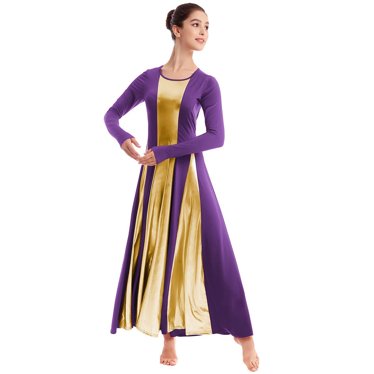 Womens Liturgical Praise Lyrical Dance Dress Loose Fit Full Length Metallic Color Block Long Sleeve Worship Costume Ballet Maxi Swing Gown Purple+Gold XL
