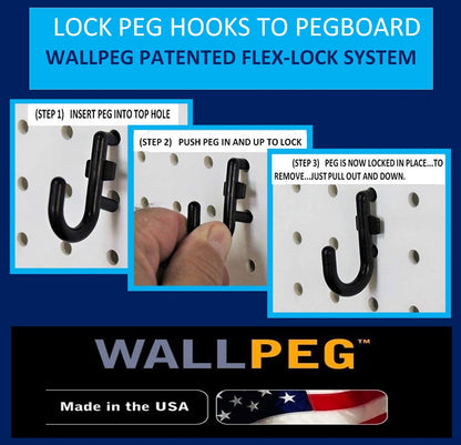 WallPeg 100Pcs Pegboard Accessory Peg Hook Set – Durable, Self-Locking Black 1/4" J and L-Style FlexLock Peg Hooks for Hanging Tools, Storage, and Wall Organization (50 ea.)