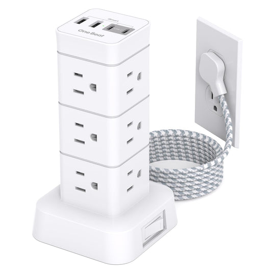 Surge Protector Power Strip Tower, 12 Outlets 4 USB (2 USB C) Desktop Charging Station for Multiple Devices, 6Ft Flat Plug Extension Cord with Multiple Outlets, Home Office College Dorm Essentials