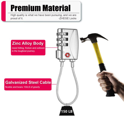 ZHEGE TSA Lock for Luggage 3 Digit Combination Cable Lock with Alloy Body for Suitcase, Baggage, Backpack, Pistol Case (Silver)