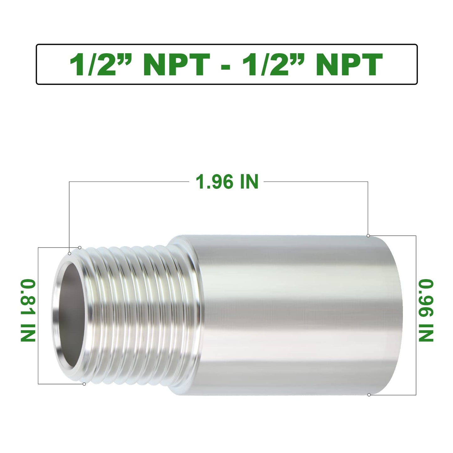 TAISHER 2PCS Stainless Steel Pipe Fittings, 1/2" NPT Male x 1/2" NPT Female Threaded, 2" Length Nipple Cast Pipe