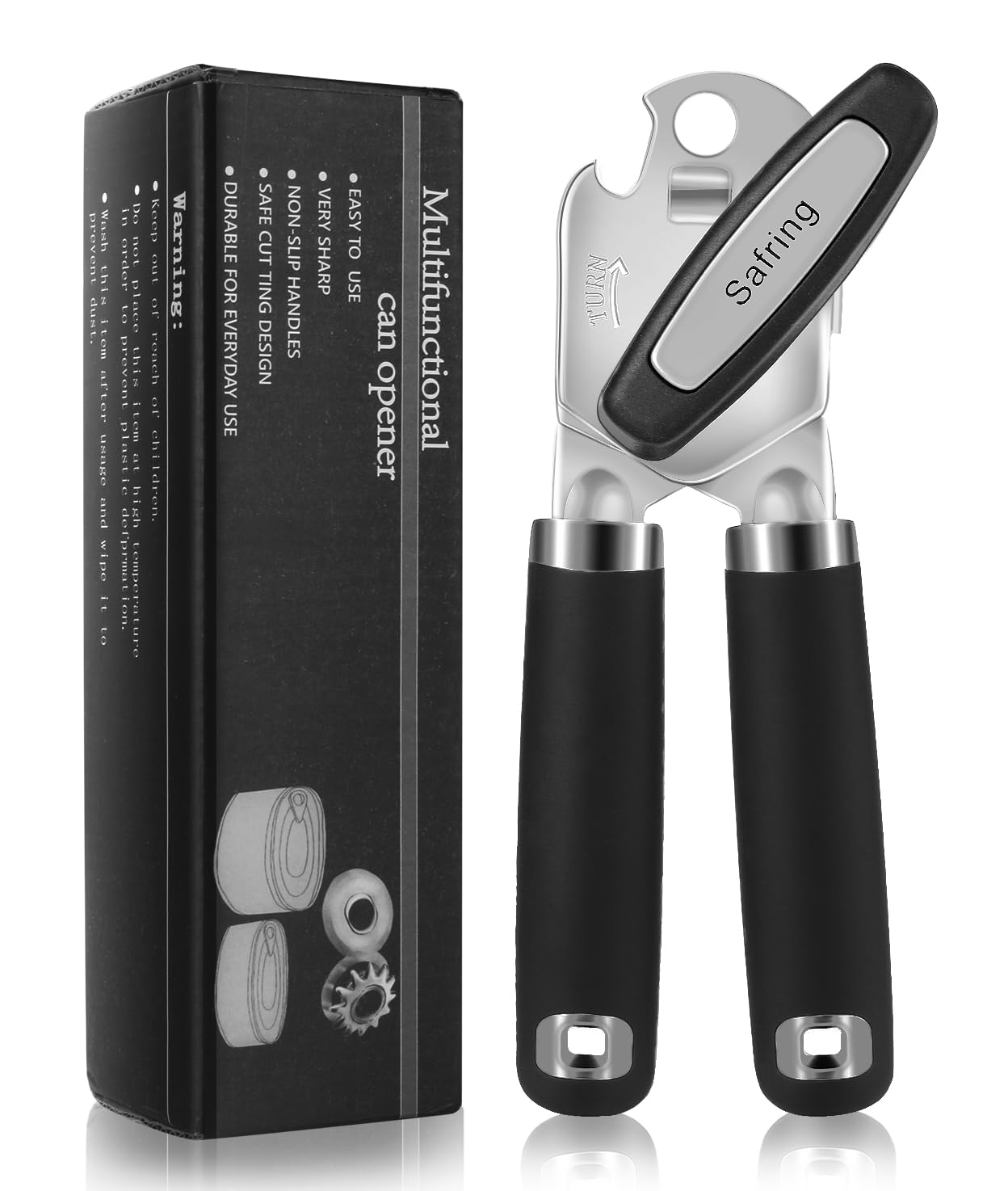 Safring Can Opener Manual, Heavy Duty Handheld Strong Can Opener with Soft Touch Handle, Sharp Blade Smooth Edge, Can Openers with Multifunctional Bottle Opener, Black