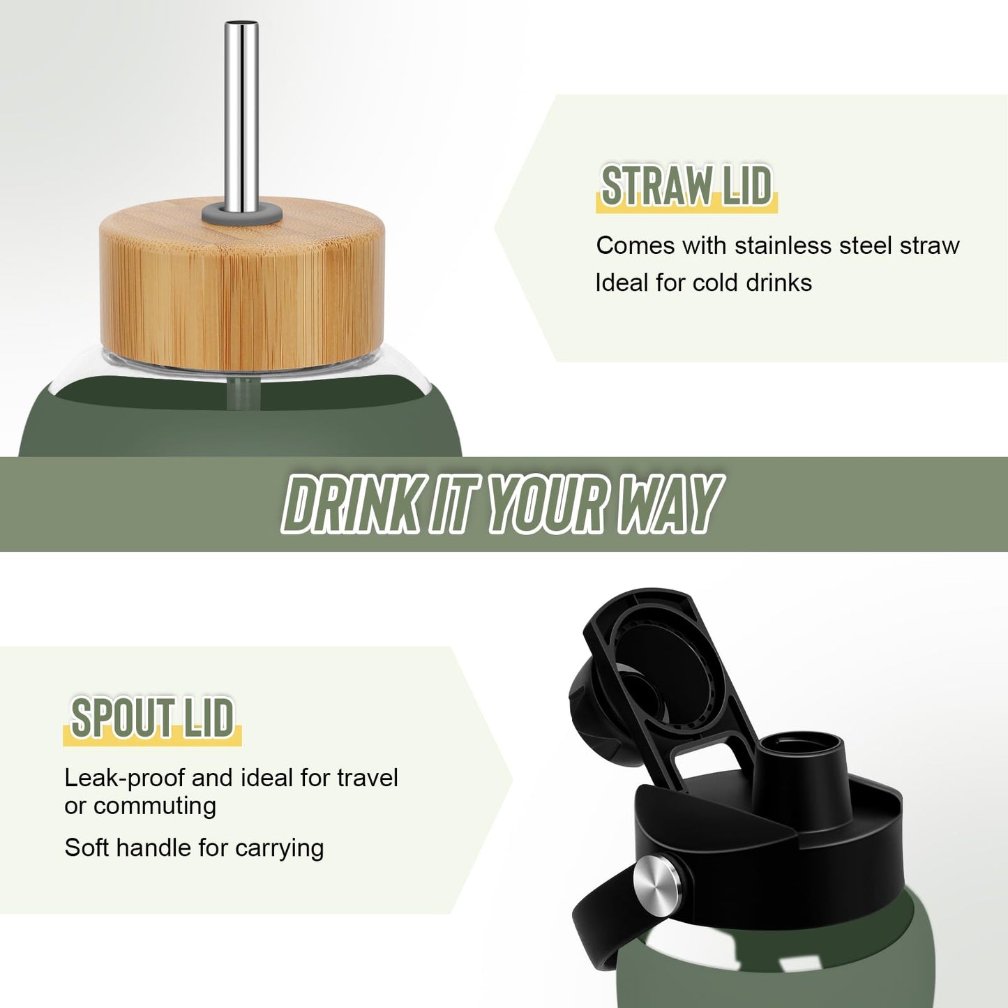 FULBEVY Glass Water Bottles 64 oz - Half Gallon Large Motivational Daily Water Intake Bottle Time Marker - Glass Water Bottle With Straw, Silicone Sleeve 2 Lids, Handle Spout & Bamboo Lid(Olive)