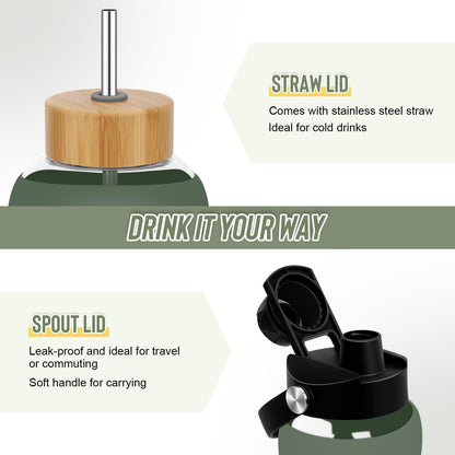 FULBEVY Glass Water Bottles 64 oz - Half Gallon Large Motivational Daily Water Intake Bottle Time Marker - Glass Water Bottle With Straw, Silicone Sleeve 2 Lids, Handle Spout & Bamboo Lid(Olive)