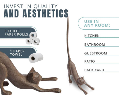 Yoga Cat Decorative Paper Towel Holder or Toilet Paper Holder - Adorable Downward Dog Pose Kitty - Cast Iron Paper Towel Stand - Antiqued Cast Iron Storage - Multiple uses - 19” Tall