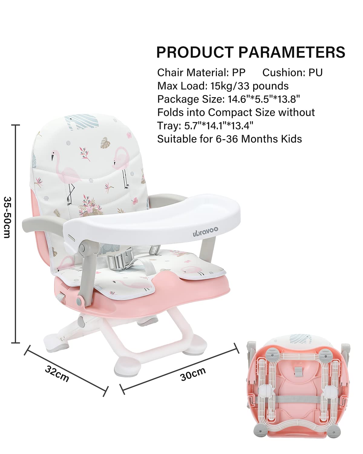 UBRAVOO 2in1 Portable Toddler Booster Seat, Grow with Baby Booster Seat for Dining Table with Removable Tray & Seat Pad, high Chair for Travel, ACE1013 Pink Flamingos