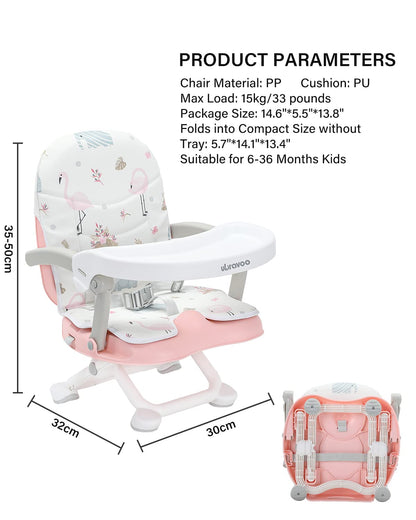 UBRAVOO 2in1 Portable Toddler Booster Seat, Grow with Baby Booster Seat for Dining Table with Removable Tray & Seat Pad, high Chair for Travel, ACE1013 Pink Flamingos