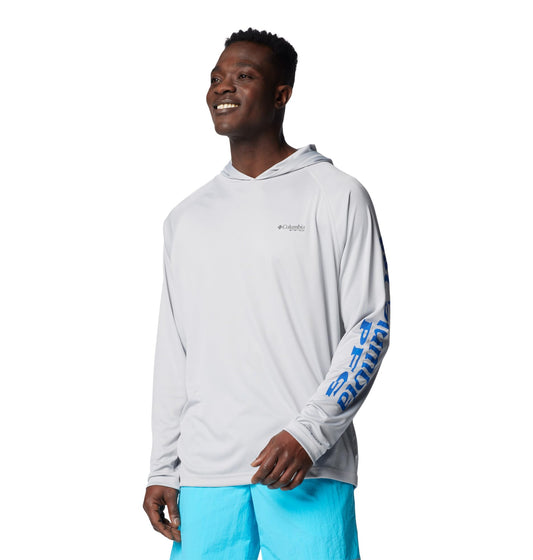 Columbia Mens PFG Terminal Tackle Long Sleeve Fishing Hoodie, Cool Grey/Vivid Blue Logo, Large