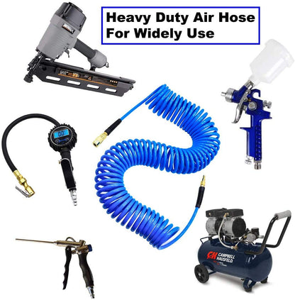 YOTOO Polyurethane Recoil Air Hose, Air Compressor Hose 1/4" Inner Diameter by 25' Long with Bend Restrictor, 1/4" Industrial Quick Coupler and Plug, Blue