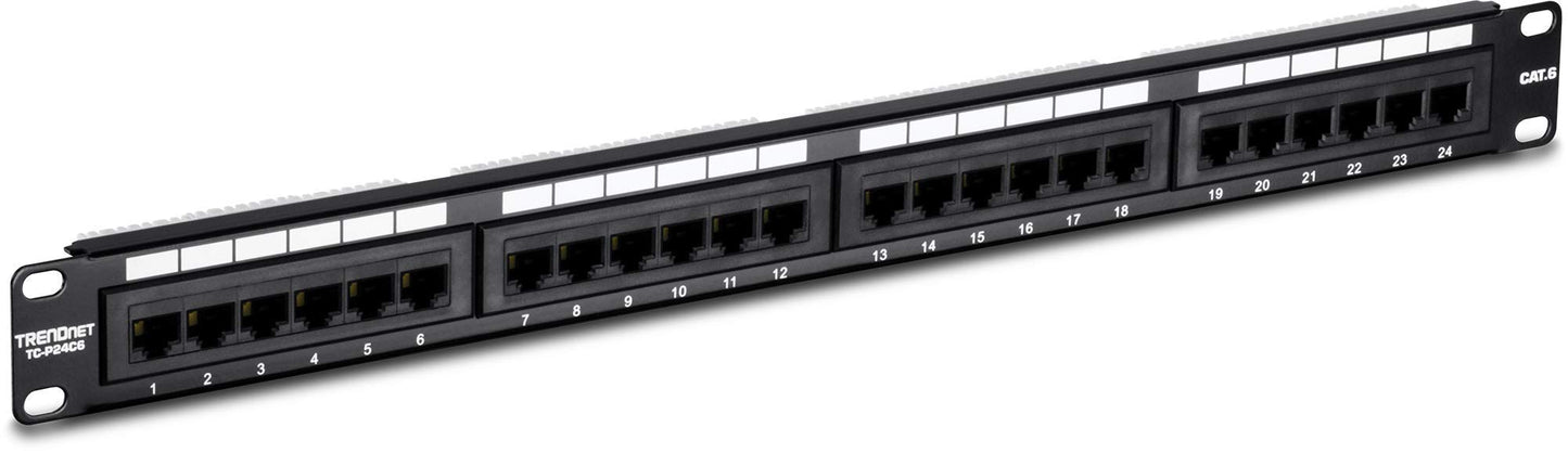 TRENDnet 24-Port Cat6 Unshielded Patch Panel, Wallmount or Rackmount, Compatible with Cat3,4,5,5e,6 Cabling, for Ethernet, Fast Ethernet, Gigabit Applications, Black, TC-P24C6 (Pack of 1)