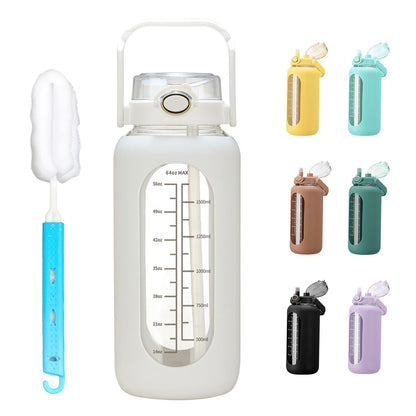 chunmo 64oz Glass Water Bolttles with Straw Half Gallon Large Motivational Water Bottle with Time Marker Sports Water Bottles with Silicone Sleeve and Handle Lid Water Jug for Gym Workout