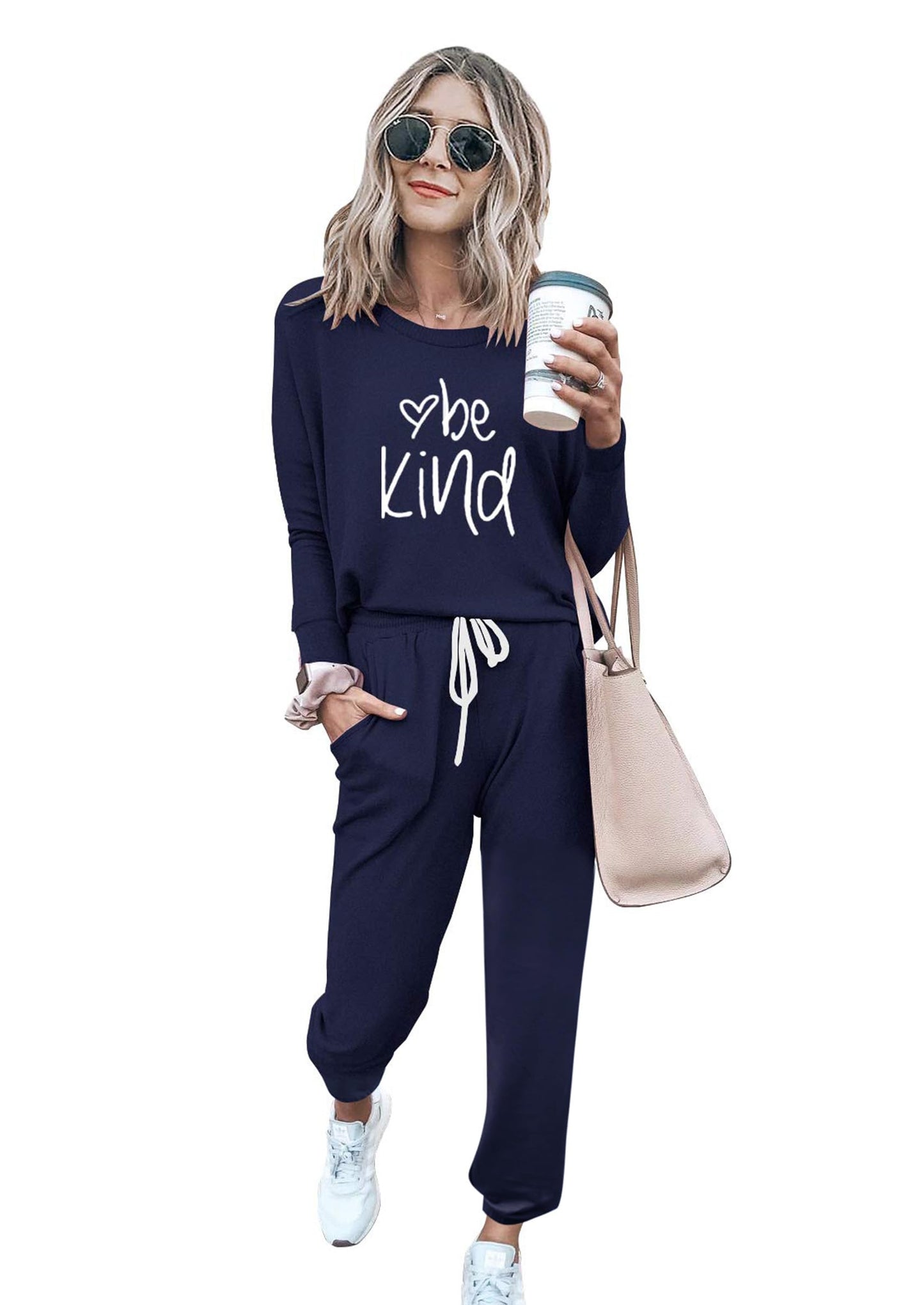 PRETTYGARDEN Women Fall 2 Piece Lounge Outfit Long Sleeve Tops High Waisted Jogger Pants Set Spring Travel Clothes Tracksuit (Patterned-navy,Medium)