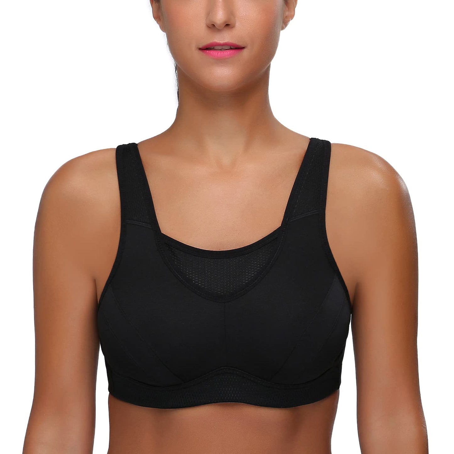 Wingslove Women's Full Coverage High Impact Wirefree Workout Non Padded Sports Bra Bounce Control (Black,38DD)