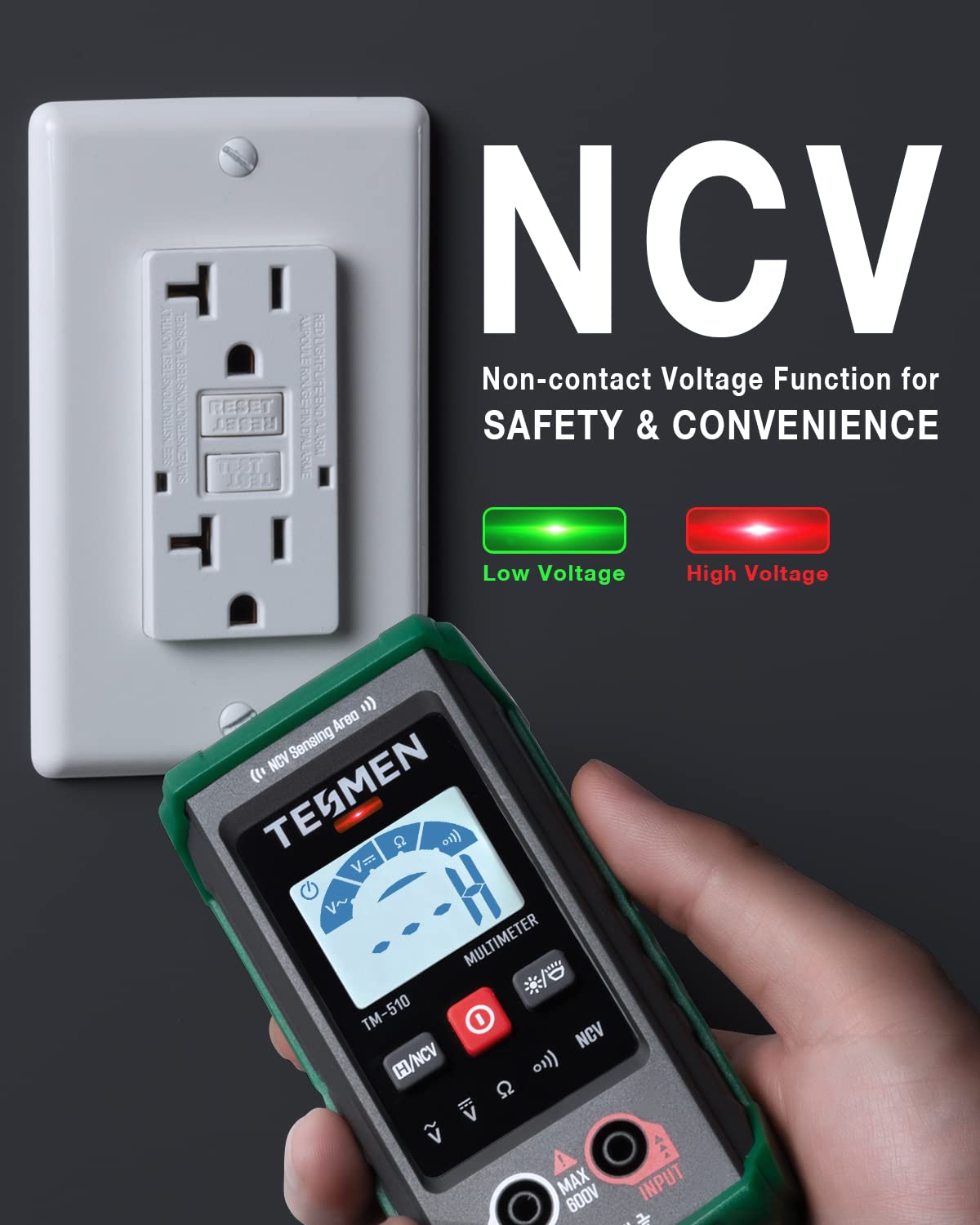 TM-510 Digital Multimeter, 4000 Counts, Smart Measurement, Auto-Ranging Voltmeter; Voltage Tester with Non-Contact Voltage Function, Measures AC/DC Voltage, Resistance, Continuity – Green