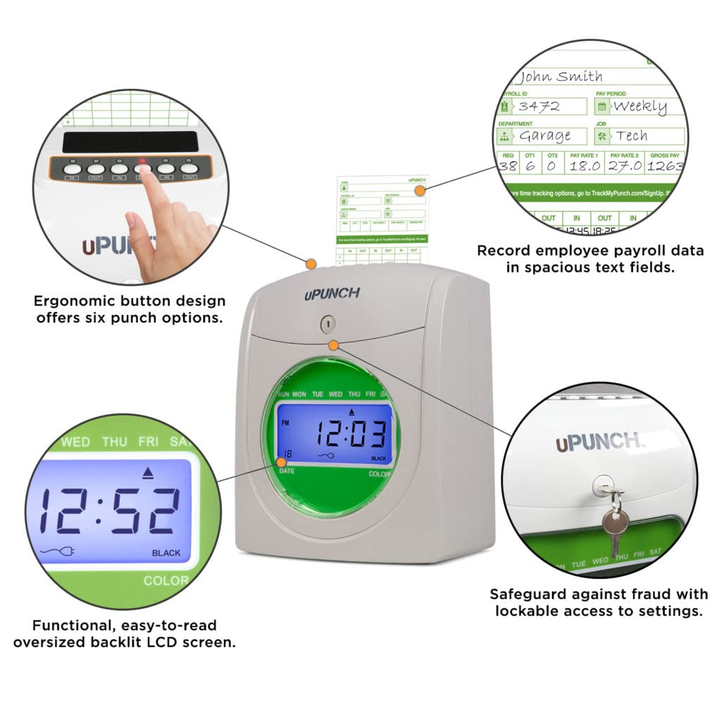 uPunch HN3500 Advanced Time Clock Bundle for Small Business: Complete Employee Time Tracking System with 100 Time Cards, 2 Racks, 2 Ribbons, and 6 Keys