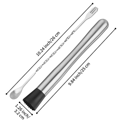 tifanso Muddler for Cocktails, 10" Muddler and Long Handle Bar Cocktail Mixing Spoon, Stainless Steel Stirrer, Bar Accessories Tools for Mojitos Fruit Drinks