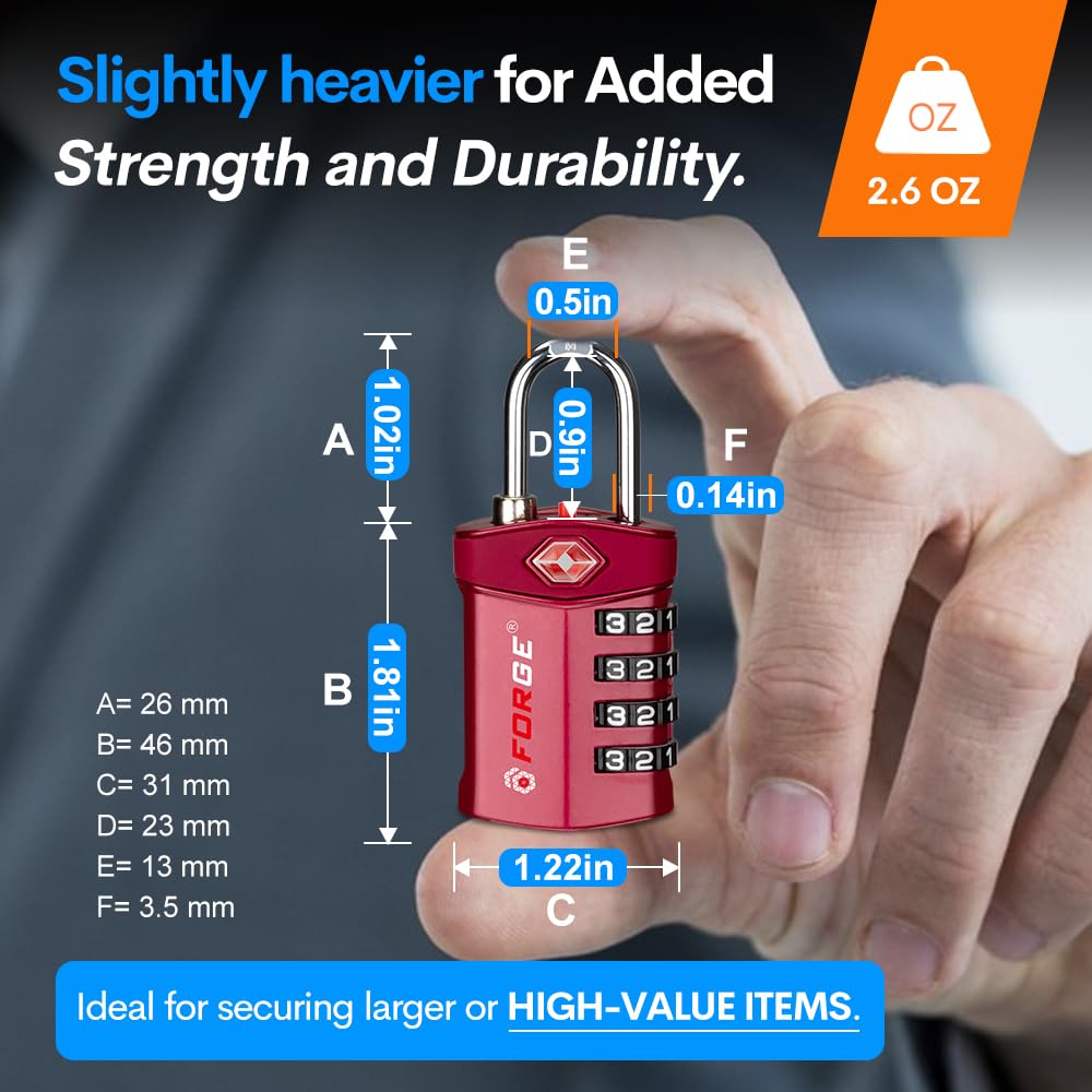 Forge 4-Digit Combination Lock, TSA Approved Locks for Luggage, Travel, Gym, School, Suitcase, Backpack, Pelican case, Easy Read dials, zinc Alloy Body.