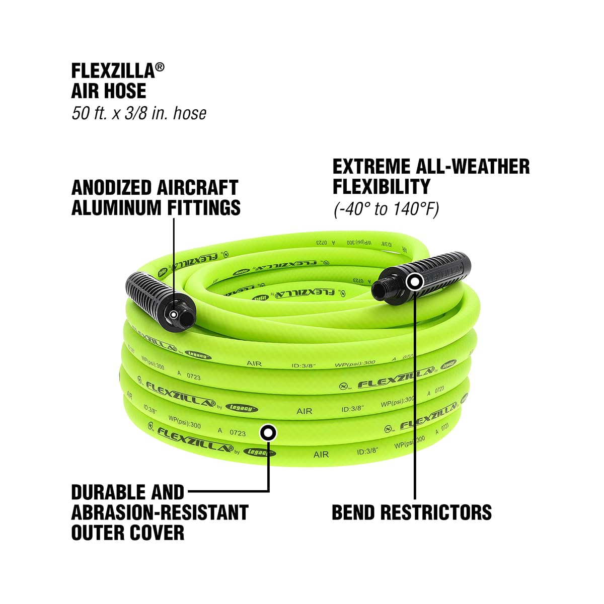 Flexzilla Air Hose, 3/8 in. x 50 ft., 1/4 in. MNPT Fittings, Heavy Duty, Lightweight, Hybrid, ZillaGreen - HFZ3850YW2