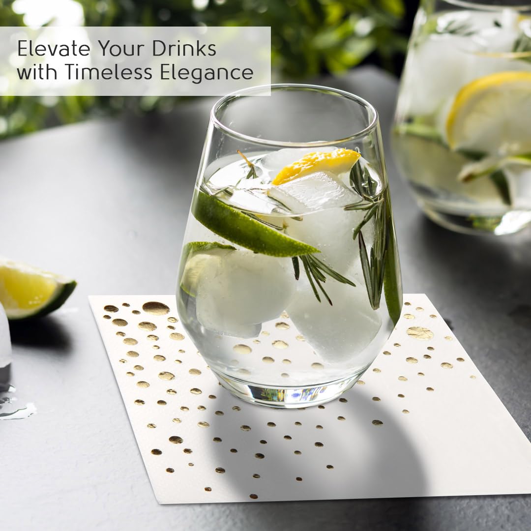 Stylish Gold Cocktail Napkins, 100 Disposable Party Napkins, Gold Dessert Napkins, 3-Ply, 5x5 Inch White and Gold Napkins, Disposable Wedding Cocktail Napkins, Party, Shower or Gold Beverage Napkins