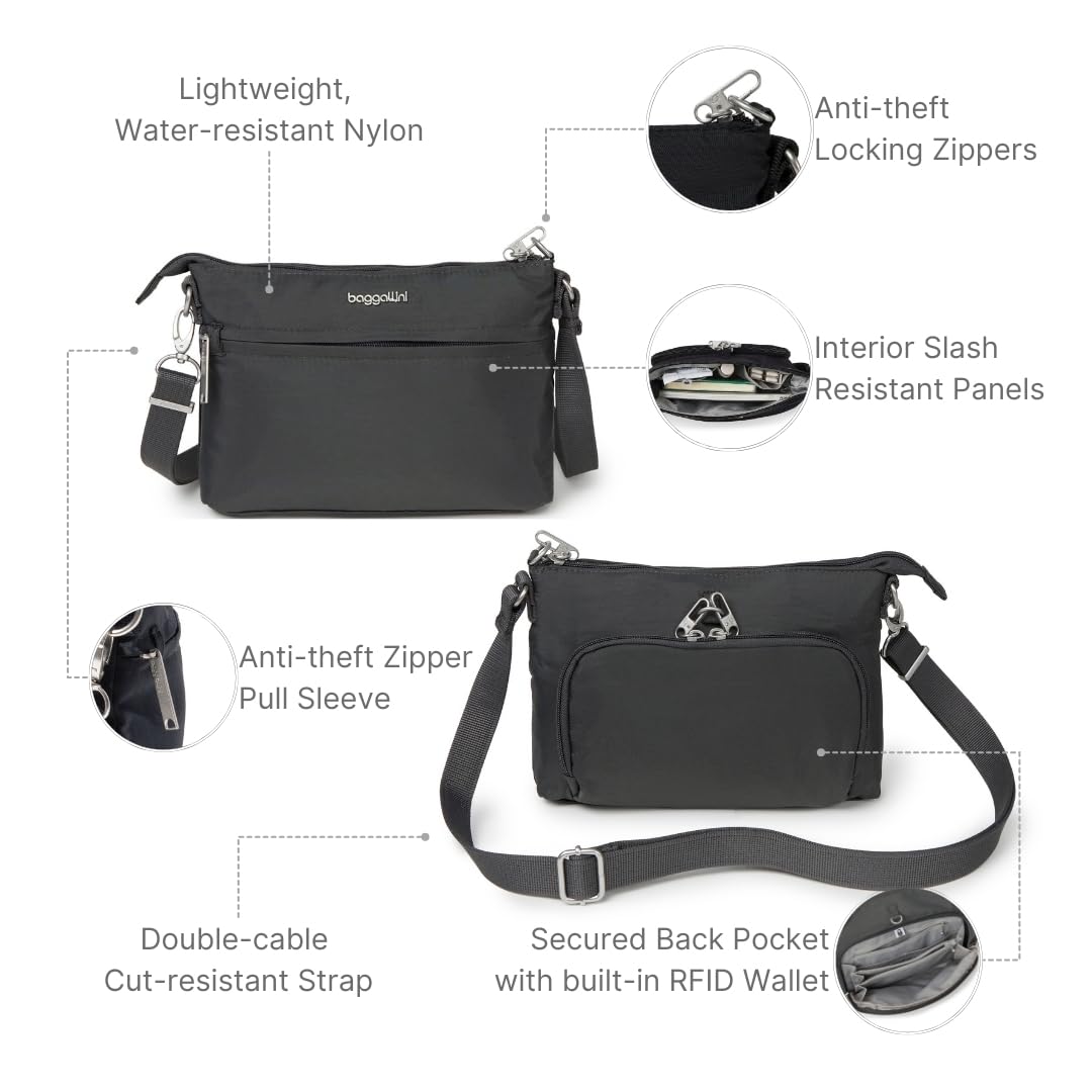 Baggallini womens Securtex® Anti-theft Memento Crossbody Bag Cross Body, Charcoal, One Size US
