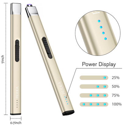 REIDEA Electric Candle Lighter, Retractable Top Windproof Flameless USB Rechargeable Arc Lighter with Safe Button and Power Indicator for Candle, BBQ and Fireworks, R1 Flat, Champagne Gold