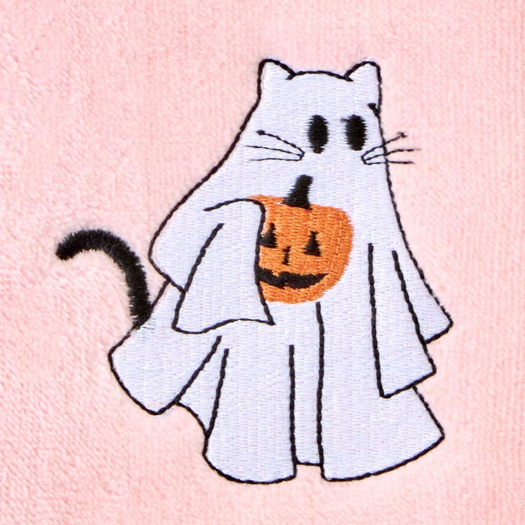 SKL Home Halloween Ghost Cat 100% Cotton Embroidered 2pc Hand Towel Set, Decorative for Bath/Kitchen/Bar & Gift, Pink