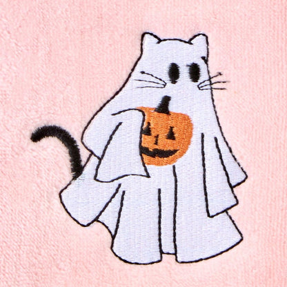 SKL Home Halloween Ghost Cat 100% Cotton Embroidered 2pc Hand Towel Set, Decorative for Bath/Kitchen/Bar & Gift, Pink