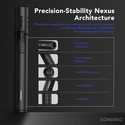 Sondiko Torch Lighters, Refillable Butane Lighter with Adjustable Jet Flame, Metal Shell, Transparent Fuel Window, Butane Nozzle Adapter Kit for Candle, Grill, BBQ, Fireworks