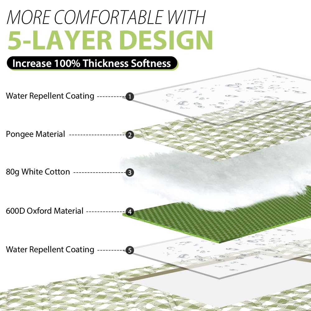 ZAZE Extra Large Picnic Outdoor Blanket, 80''x80'' Waterproof Foldable Blankets Gingham Picnic Mat for Beach, Camping Grass Lawn Park Accessories Cute Couple Gifts Ideas Wedding Registry(Green White)