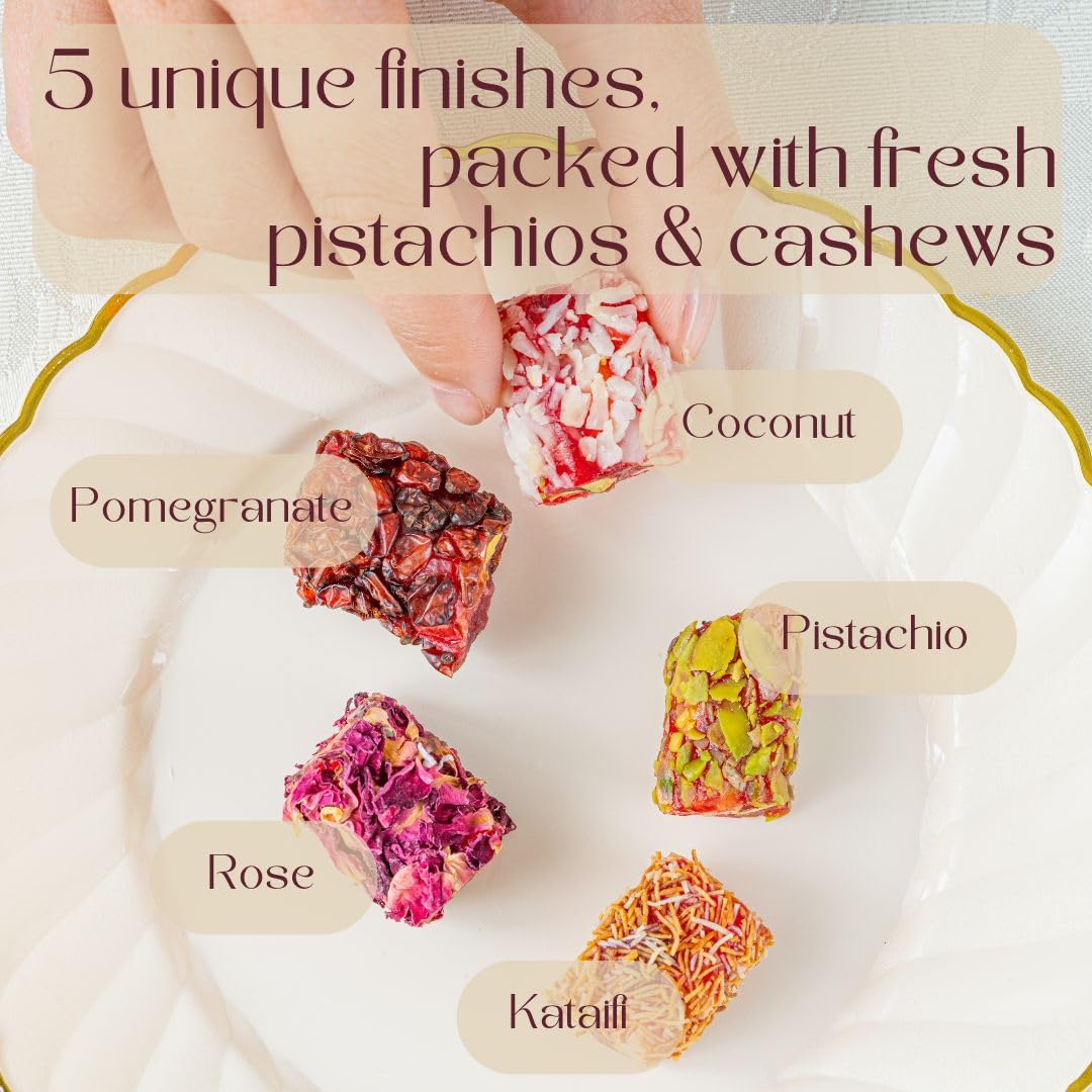 Zaitoune Turkish Delight Mix - 9 oz | Luxury Coatings of Pomegranate, Pistachio, Coconut, Kataifi & Rose | Authentic Lokum Sweet Assortment in a Beautiful Gift Tin | Handmade & Individually Wrapped