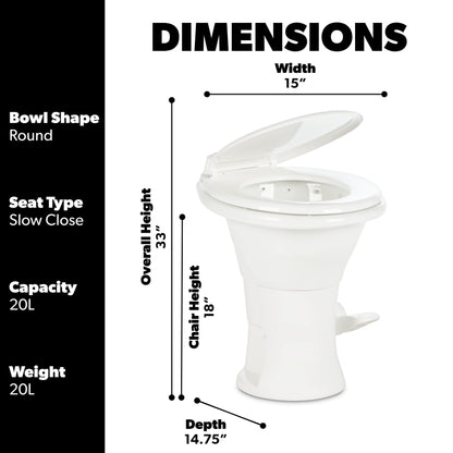 Dometic 310 Standard Toilet - White, Oblong Shape, Lightweight and Efficient with Pressure-Enhanced PowerFlush and Slow Close Seat Cover - Perfect for Modern RVs (302310081)