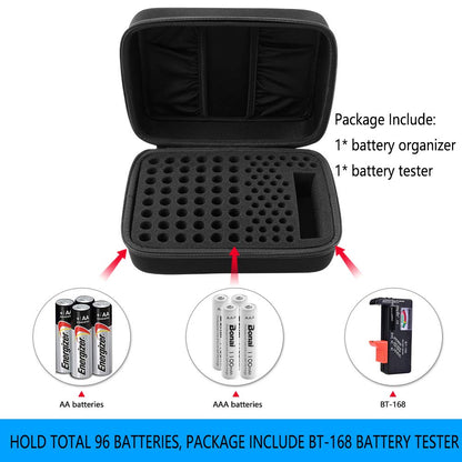 Battery Organizer Storage Box Case Holder for 48 x AA, 48 x AAA Total 96 Batteries with Battery Tester, Extra 2 Pockets for Other Accessories