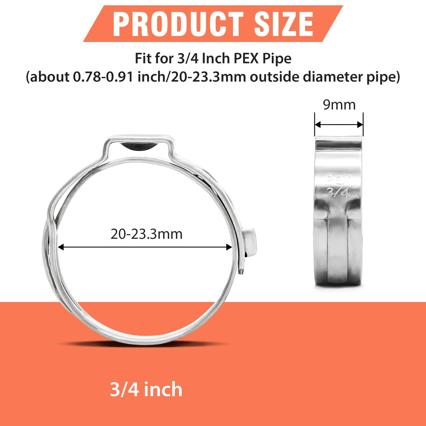 WYSIWYKA 120pcs 3/4 inch PEX Cinch Clamps Rings, 304 Stainless Steel Single Ear Hose Clamps, Pex Crimp Rings for PEX Tubing Pipe Fitting Connections