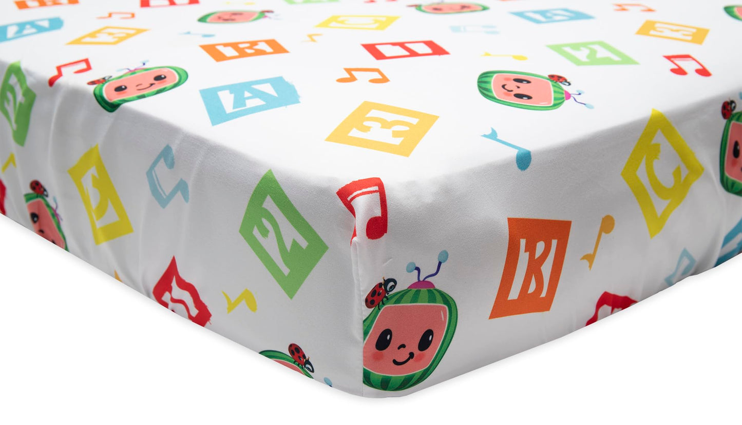 CoComelon Learning is Fun 4 Piece Toddler Bedding Set – Includes Comforter, Sheet Set – Fitted + Top Sheet + Reversible Pillowcase for Boys and Girls Bed, Letters and Music Design, Orange