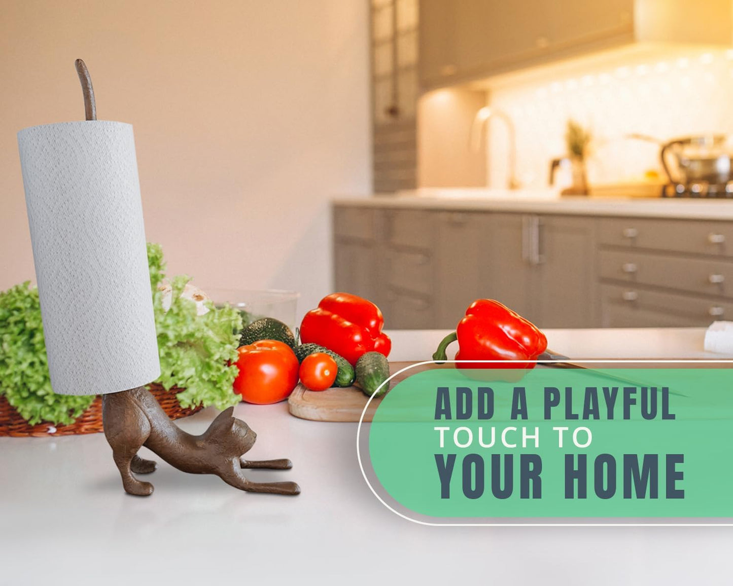 Yoga Cat Decorative Paper Towel Holder or Toilet Paper Holder - Adorable Downward Dog Pose Kitty - Cast Iron Paper Towel Stand - Antiqued Cast Iron Storage - Multiple uses - 19” Tall